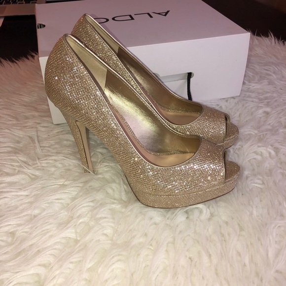 ALDO Raeann Gold Glitter Leather Peep Toe Platform Heels 6.5 - Picture 8 of 8